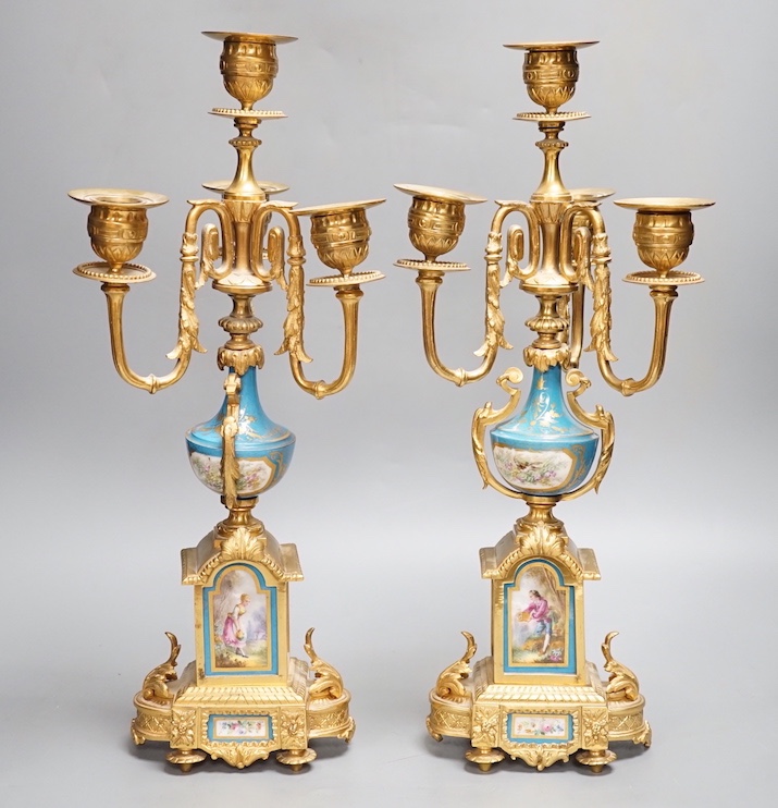 A pair of Louis XVI style ormolu and Sevres style porcelain candelabra 39cm